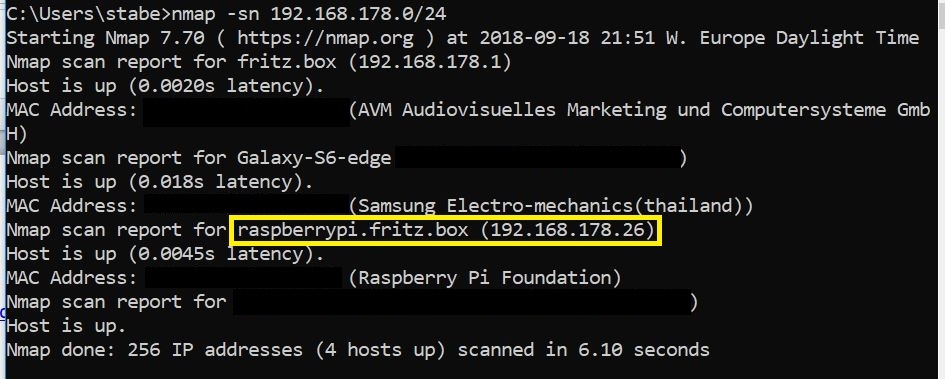 Screenshot of using Nmap to identify Raspberry Pi in local network