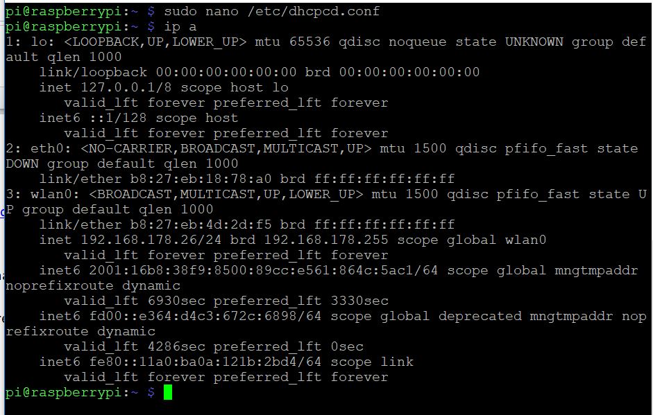 Screenshot of setting static IP address for Raspberry Pi via Putty