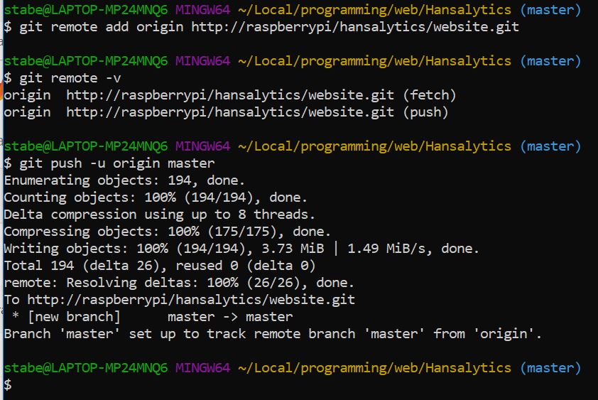 Screenshot of pushing website code to newly created repository